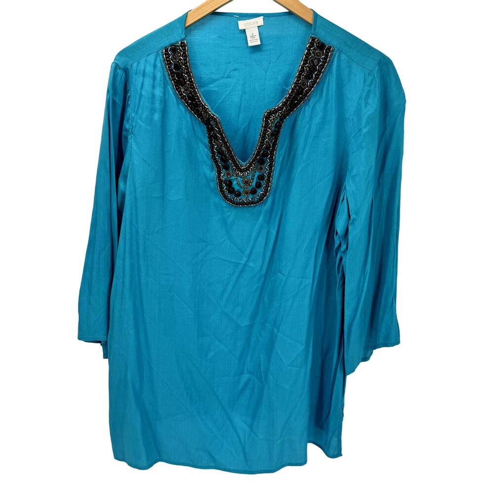 Chico's Tunic Top Womens Large Blue Pullover Beaded V-Neck 3/4 Sleeve